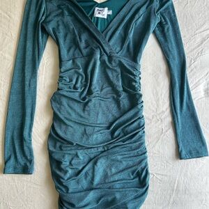 Princess Polly Blue Long Sleeve Ruched Wrap Dress